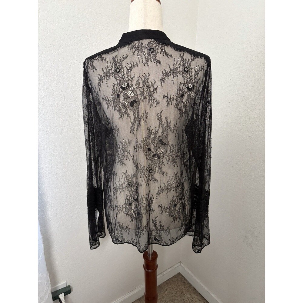 Guess Womens L Black Sheer Lace Choker Neck Long Sleeve Blouse Romantic Goth - Picture 4 of 6